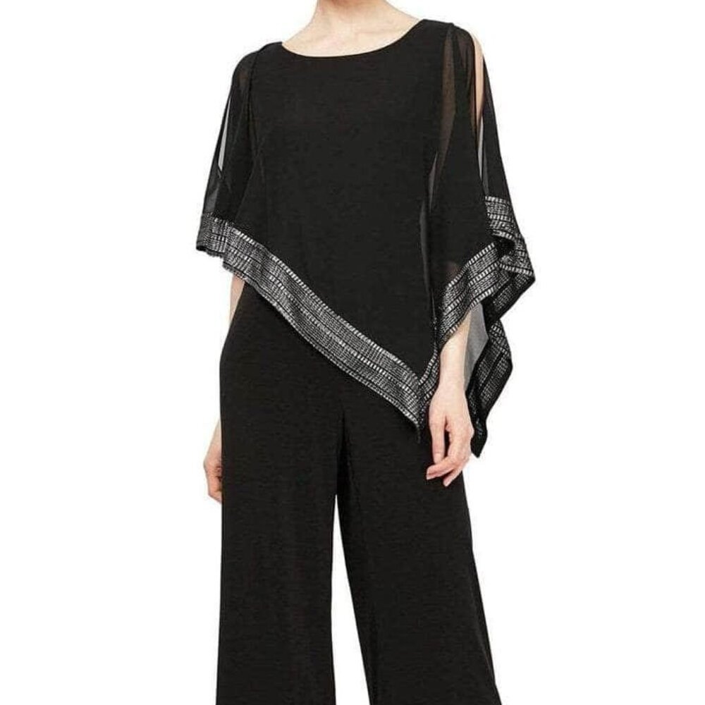 NWT SLNY 9177331 Chiffon & Jersey Formal Pantsuit Black Size 10